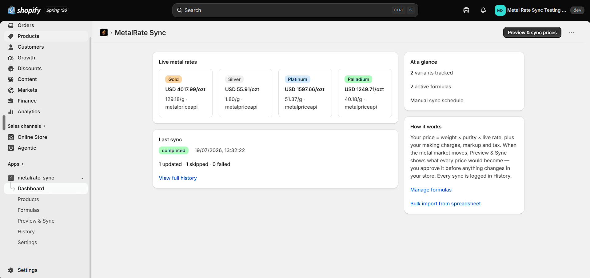 MetalRate Sync dashboard in Shopify admin showing live gold, silver, platinum and palladium rate cards and last sync summary