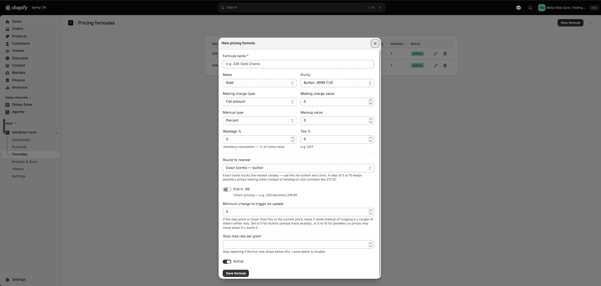 New pricing formula editor with metal, purity, making charge, markup, tax, rounding and stop-loss fields