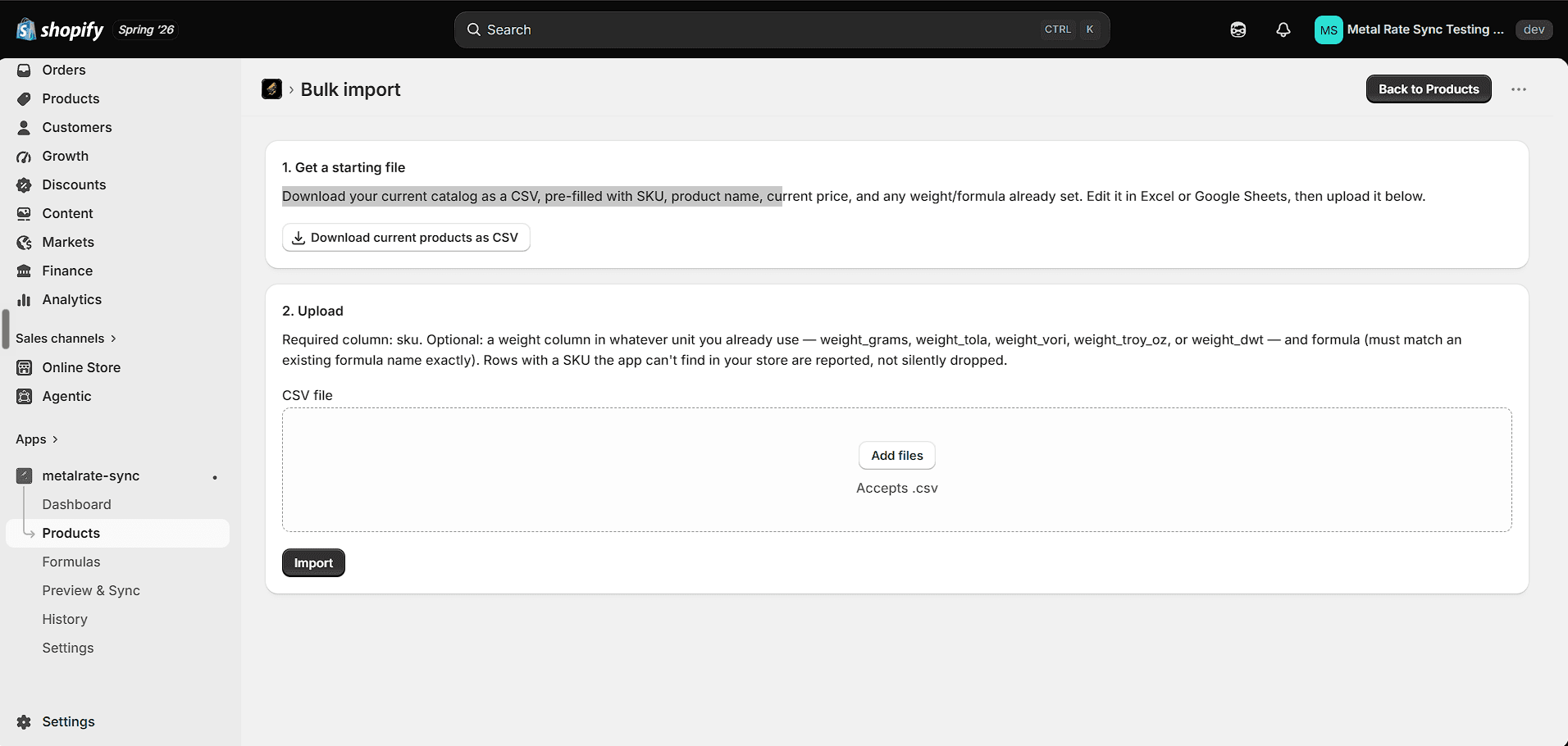 Bulk import screen with CSV download and upload steps