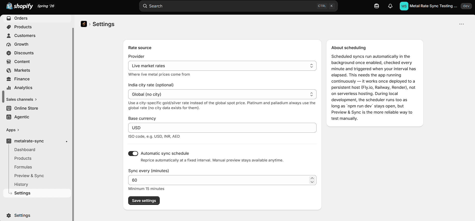 Settings page with rate source provider, base currency and automatic sync schedule